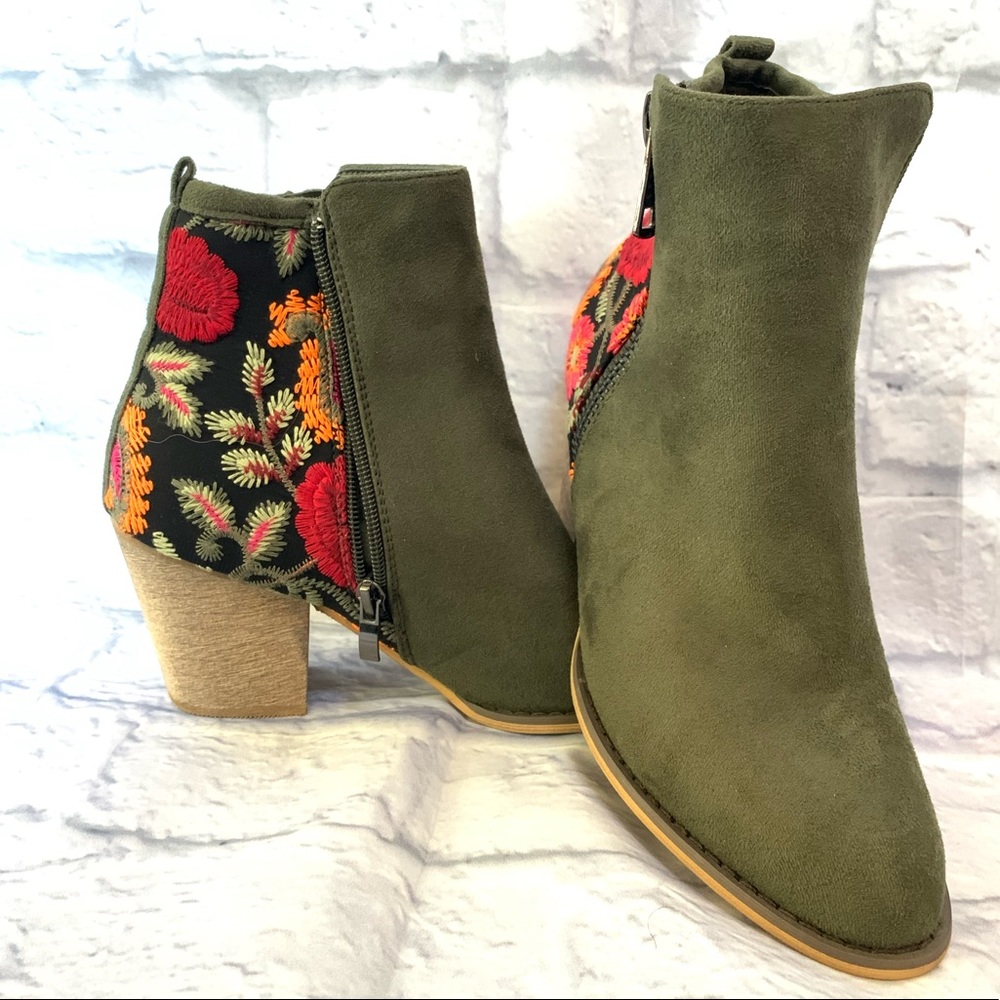 Embroidered Vegan Suede Booties